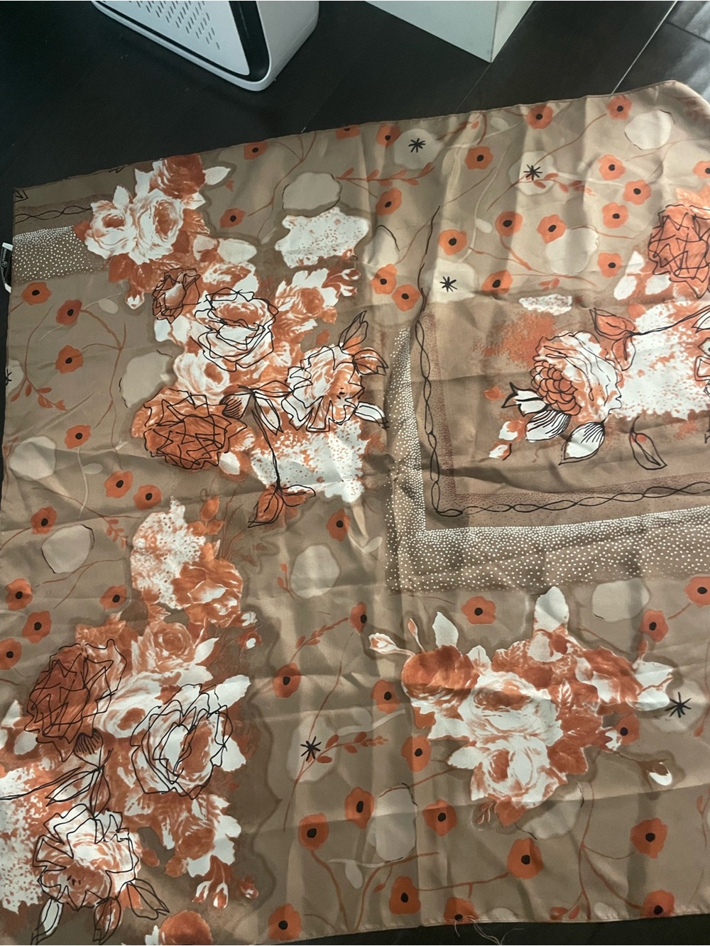 Rebecca Romero Floral Silky  Scarf in Tan and Orange